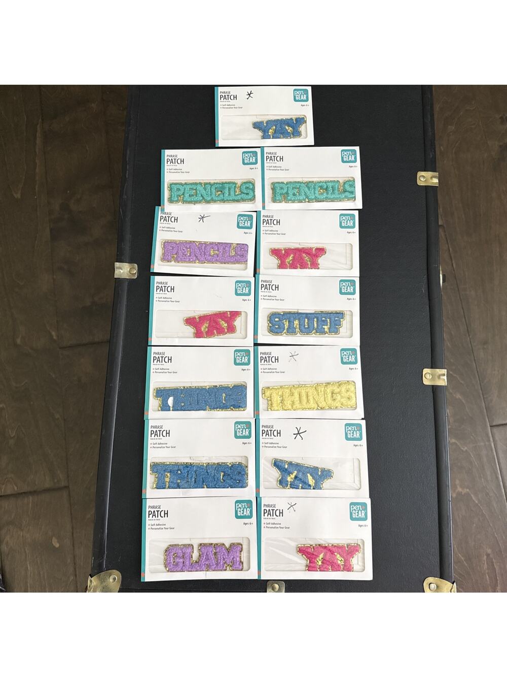Lot of 13 Pen + Gear Phrase Patches, NEW Glam Yay Things Stuff Pencils